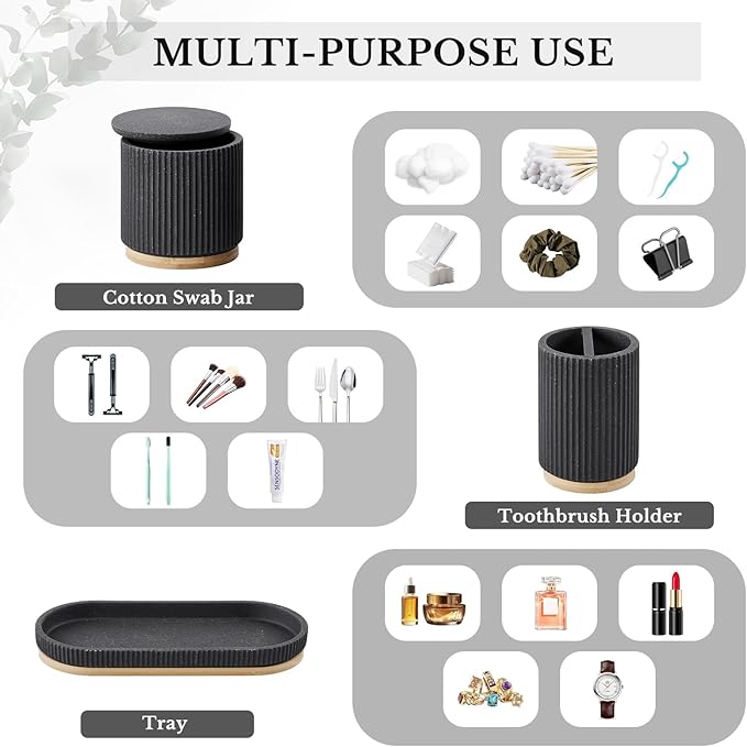 7PCS Bathroom Accessories Set, with Soap Dispenser, Q-tip Holder, Toothbrush Holder, Tumbler, Soap Dish, Vanity Tray, Complete Bathroom Accessory Set Organizer Countertop for Modern Home Decor, Black