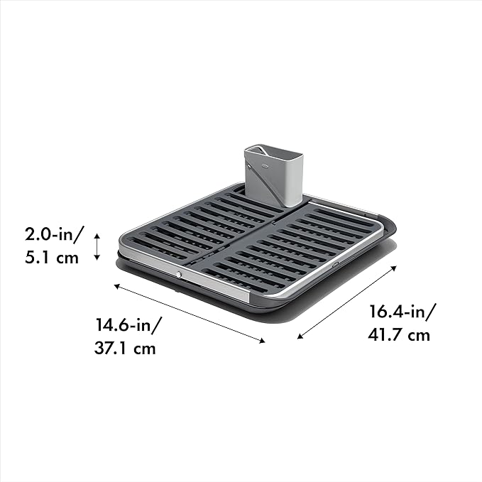 OXO Good Grips Aluminum Fold Flat Dish Drying Rack, 2-Tier, with Drainboard, for Kitchen Counter, Collapsible