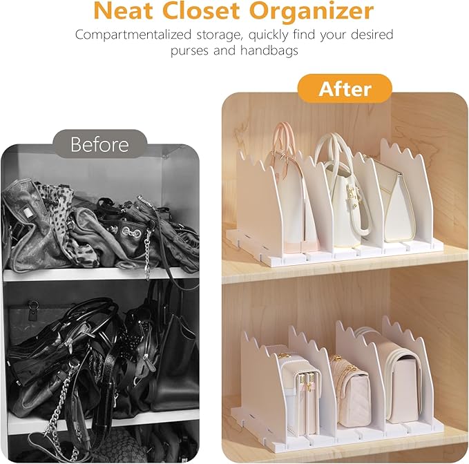 Ronlap Purse Storage Organizer for Closet, White Closet Bag Storage Dividers Rack Shelf Purse Dividers for Closet Organization Handbag Separators Closet Purse Organizers and Storage, 2 Pack, White