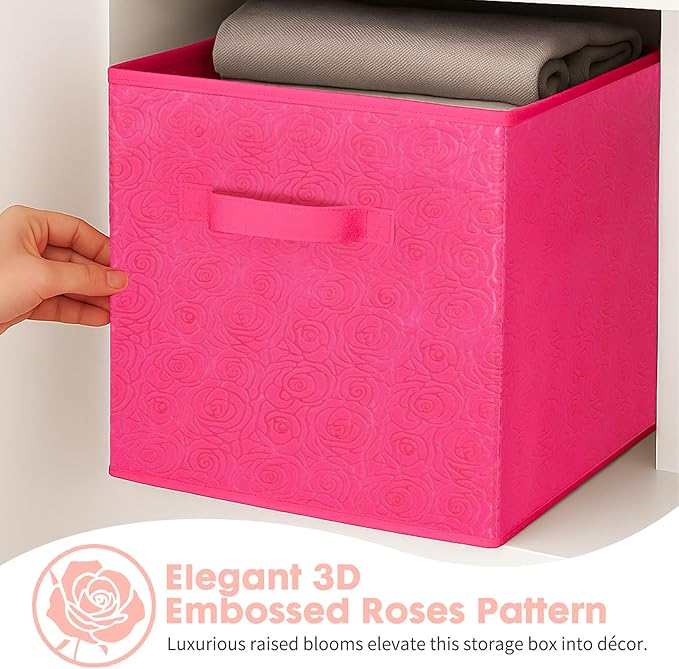 ShellKingdom Storage Bins, Foldable Fabric Storage Cubes with 3D Embossed Rose Pattern, Cloth Organizer Drawer For Closet And Toys, 10.5 X 10.5 X 11 inch, 2 Pack (Fuchsia)