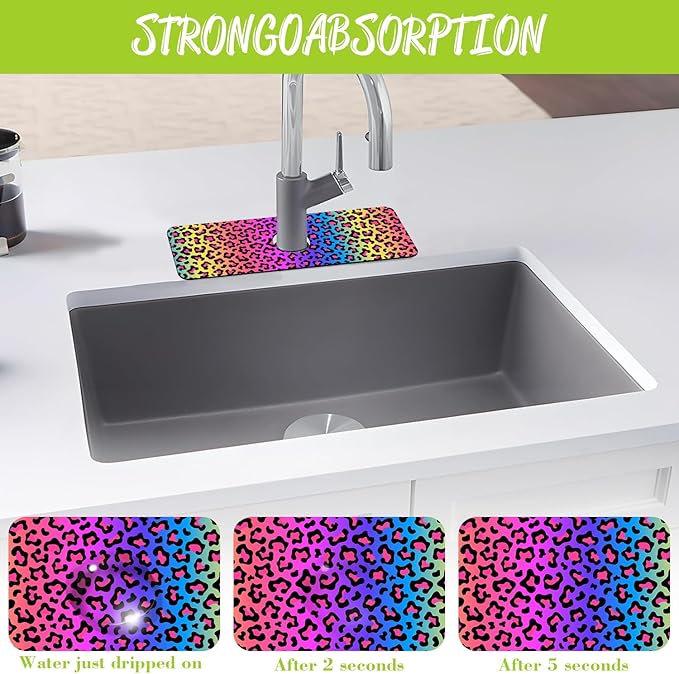 Sink Faucet Absorbing Mat Rainbow Colored Leopard Print Sink Splash Guard Drying Mat for Kitchen Bathroom Faucet Sinkmat 15.5"X5.5"