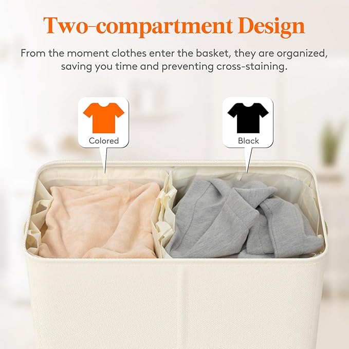 Lifewit Double Laundry Hamper with Lid and Removable Laundry Bags, Large Collapsible 2 Dividers Dirty Clothes Basket with Handles for Bedroom, Laundry Room, Closet, Bathroom, College, 145L White