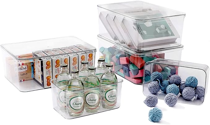 Sgoostood Clear Storage Bins With Lids,5 Packs Food Storage Organizer,Cabinet Storage Basket for Clothing, Towels, Cosmetics, Kitchen Storage Containers,Transparent Pantry Containers (3L+2S)