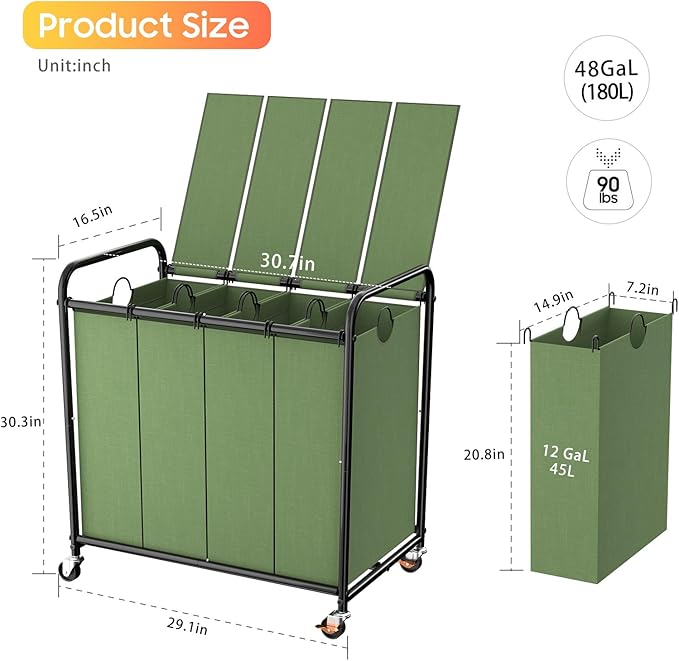 Laundry Sorter 4 Sections 48 Gal, Rolling Laundry Basket with Lockable Wheels and Lid, Laundry Hamper with 4 Separated Removable Bags Dirty Clothes Hamper for Laundry Room Organizer, Green