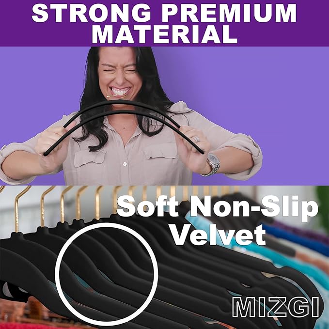 MIZGI Premium Velvet Hangers Pack 60 Pcs Heavyduty - Non Slip Slimline - Velvet Suit Hangers Black - Gold Hooks,Space Saving Clothes Hangers