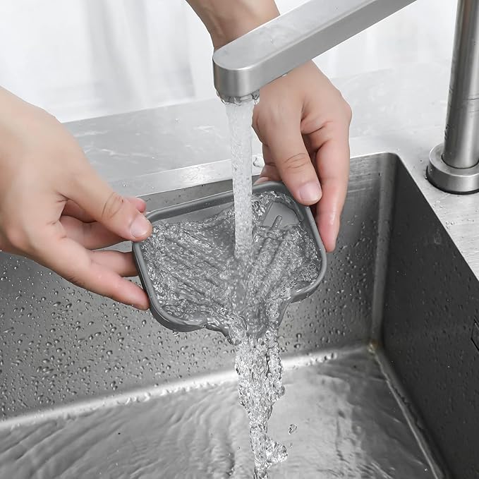 MicoYang Silicone Bathroom Soap Dishes with Drain Spout-Bathroom and Kitchen Sink Organizer,Sponge Holder,Dish Soap Tray,Perfect for Dispenser,Scrubber,Bottle,Cup on Sink or Counter-Grey 4.9"×3.2"
