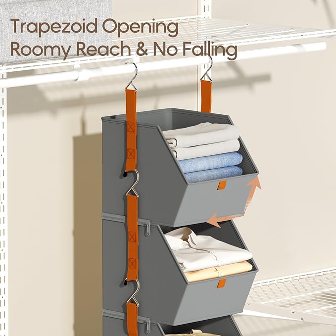 Collapsible Hanging Closet Organizer - 3 Tier Closet Shelves Storage System with Hooks, Fabric Hanging Storage Bins for Clothes, Foldable Storage Basket for Laundry, Bedroom, Rv, Grey