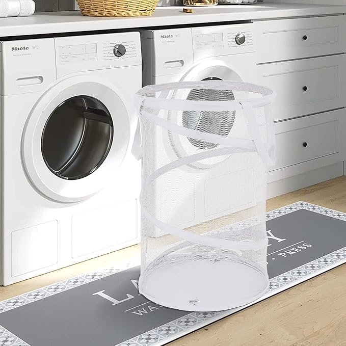 BATTOO 2 Pack White Large Collapsible Laundry Basket Foldable Mesh Pop Up Hamper with Handles for Laundry Room, Bathroom, Kids Room, College Dorm, Travel, Camping, Gift Basket