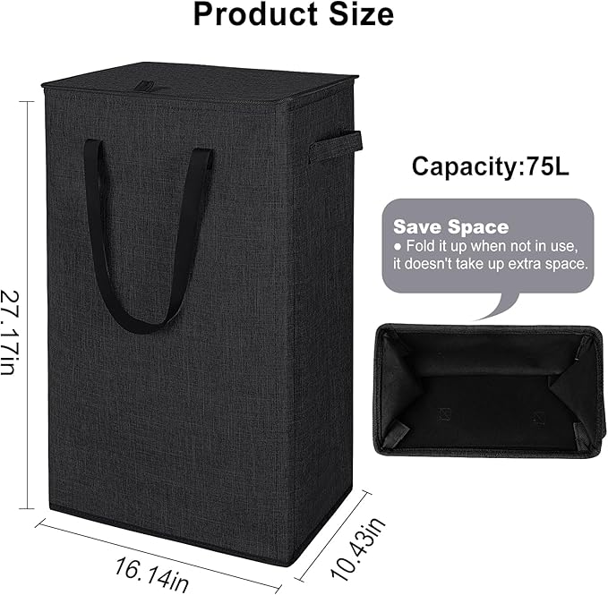 Odonata 75L Slim Laundry Hamper with Lid,Large Foldable Laundry Basket with Removable Bag and Handles Tall Collapsible Dirty Clothes Basket Great for Bedroom, Bathroom, Dorm, College,RV.(Black, 75L)