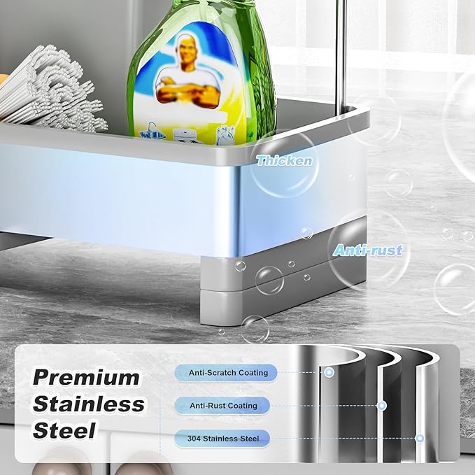 Ewaiira Stainless Steel Sink Caddy, Sponge Holder for Kitchen Sink with Brush Holder & Dishcloth Rack, Rustproof Sink Organizer Countertop, Kitchen Organizers Storage Essentials (F-Gray)