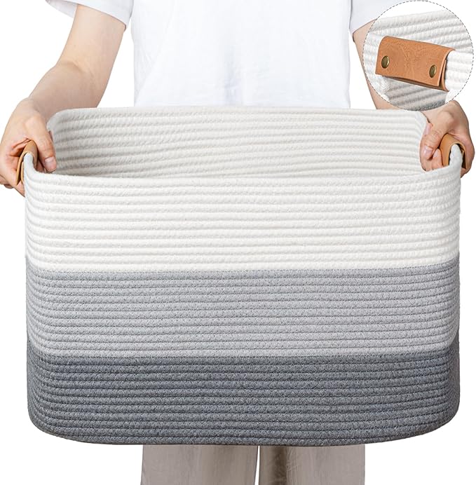 danpinera Blanket Basket, 72L Rectangle Large Basket for Living Room, Baby Room & Laundry, Woven Cotton Rope Toy Bin Baby Nursery Room Storage, 22’’*17’’*11.8’’, Gradient Grey