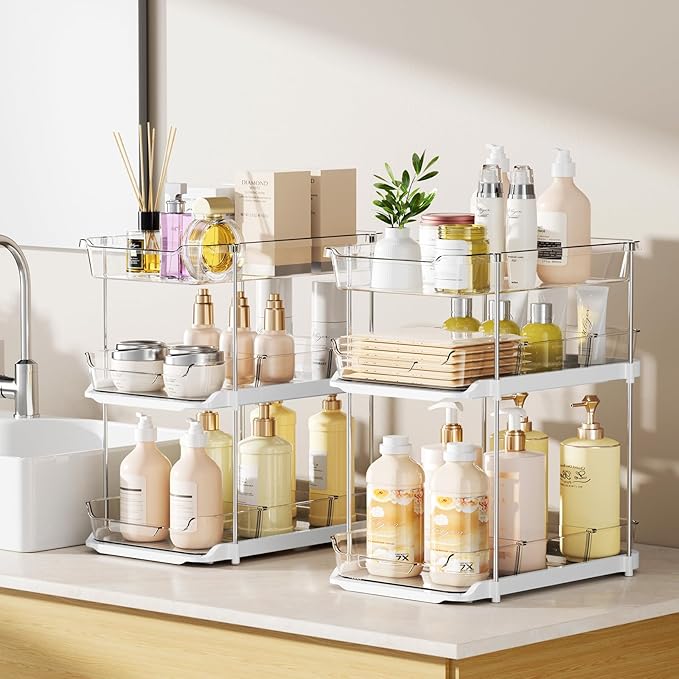 LAMU 2 Pack Bathroom Organizers and Storage, 3-Tier Stackable Under Sink Storage with Pull-Out Drawers & Dividers, Medicine Cabinet Organizer for Kitchen Pantry Organization | 2 Pack, Stackable, Pull-Out Drawers, Dividers