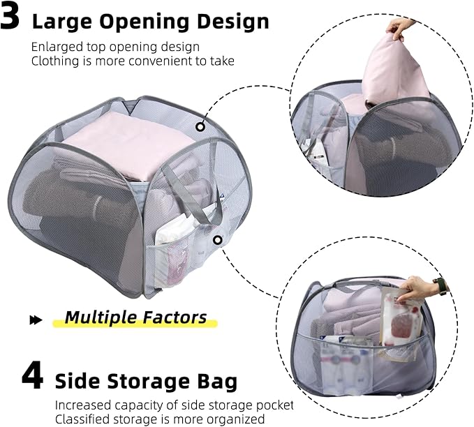 Collapsible Laundry Basket, 90L Foldable Pop-up Laundry Hamper with Handles, Square Mesh Dirty Clothes Hamper for Laundry, Bathroom, Kids Room, Dorm,Travel or Camping (Gray)