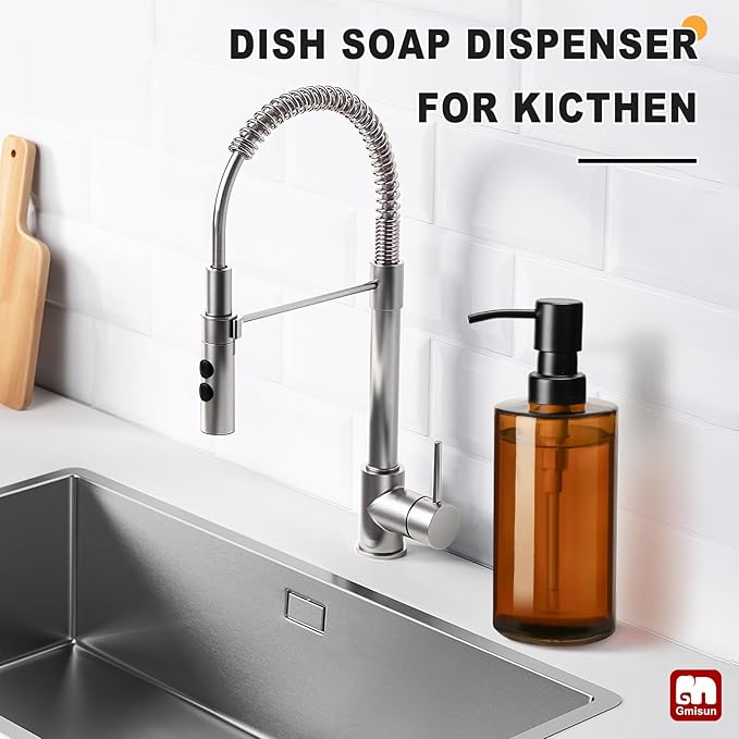 GMISUN Amber Glass Soap Dispenser, Hand Soap Dispenser for Bathroom, Dish Soap Dispensers for Kitchen, 12 fl oz/350ml Glass Bottle with Stainless Steel Pump, Modern Refillable Liquid Lotion Bottles