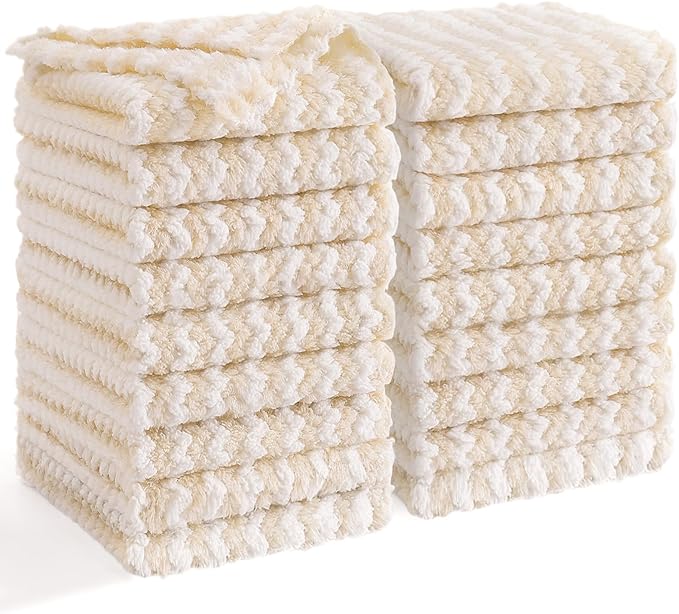 Homaxy 18 Pack Kitchen Dish Cloths, Ultra Soft and Absorbent Dish Towels, Reusable Fast Drying Microfiber Cleaning Cloth, Coral Velvet Wave Design Lint Free,10 x 10 inches, Beige