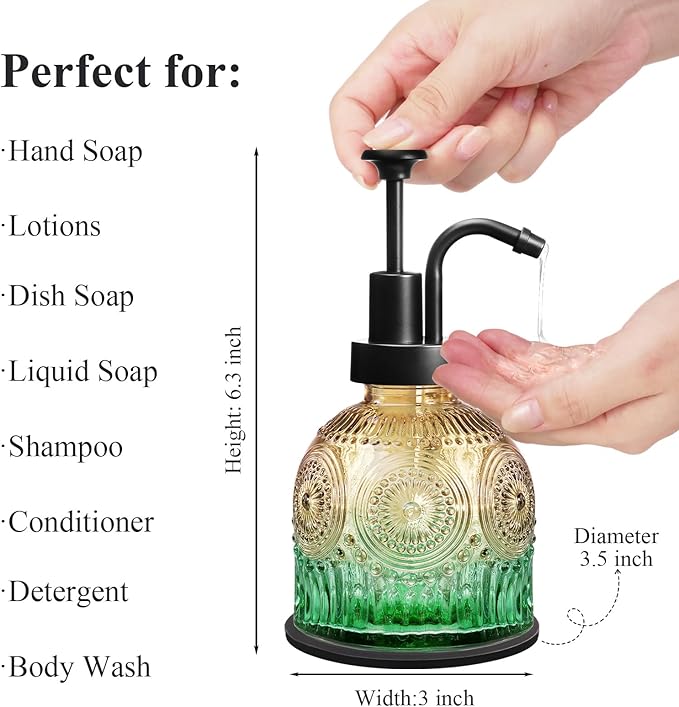 Amolliar 8 Oz Vintage Glass Bathroom Soap Dispensers with Pump, 2 Pack Refillable Kitchen Dish Soap Dispenser with Stripe, Antique Rustic Hand Soap Liquid Bottle (Green Gradient-Black Pump)