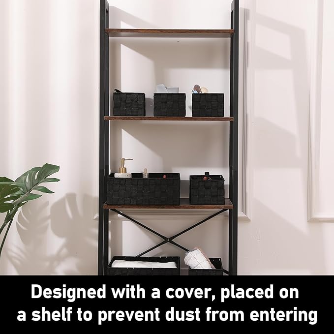 Storage Bins Woven Organizer Set of 7 – Polypropylene Storage Baskets with Metal Frame, Stackable Fabric Boxes for Drawers, Closet, Shelf, Nursery and Office, Black