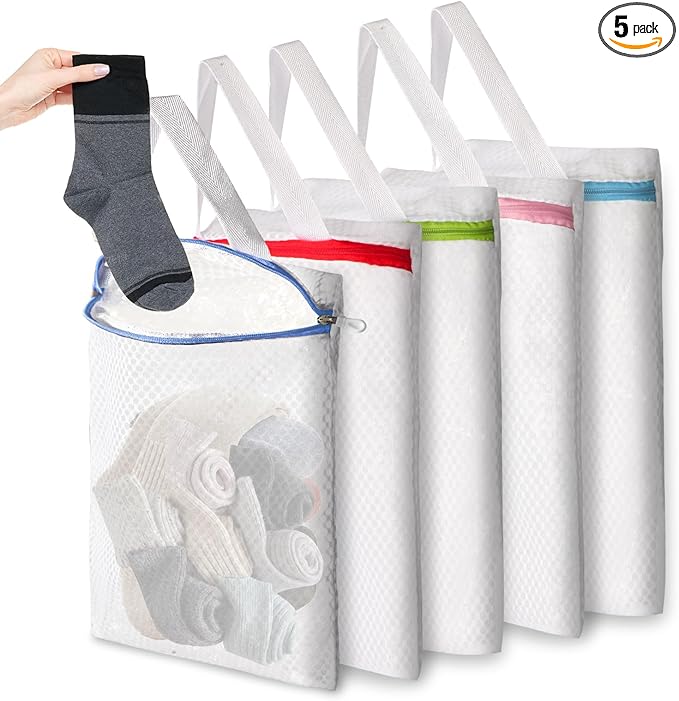 5-Pack Sock Laundry Bags with Metal Hooks, 10x12 Inch Mesh Washing Machine Bags, for Sorting & Storage