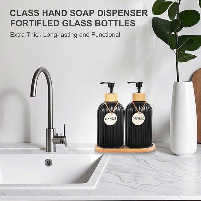 2 Pack ViserVita Glass Hand Soap Dispenser Set with Bamboo Pump, Elegant Refillable Liquid Dish Soap Dispenser with Tray, Perfect for Kitchen Sink and Bathroom Decor