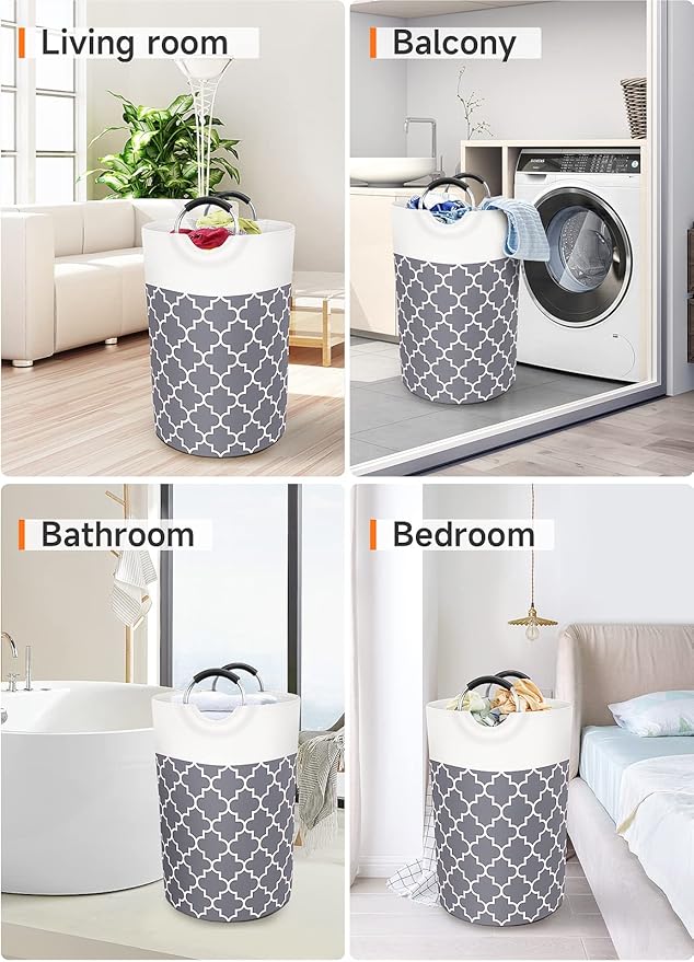 Large Laundry Basket Laundry Hamper Bag Washing Bin Clothes Bag Collapsible Tall with Handles Waterproof Travel Bathroom College Essentials Storage for College Dorm, Family (Grey) 75L
