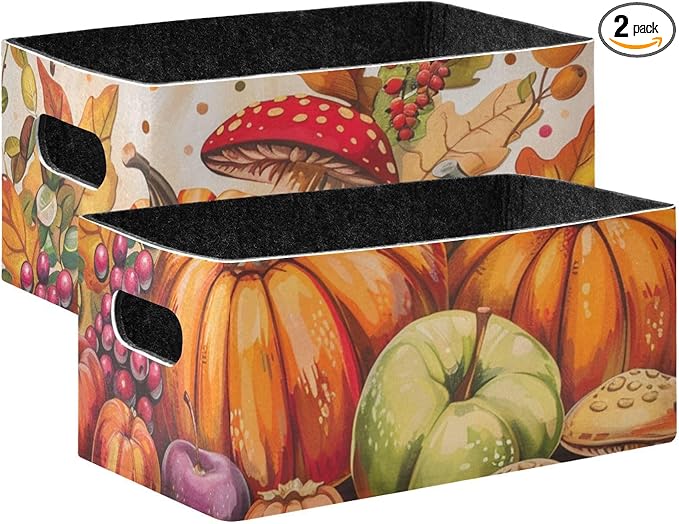 Fall Harvest Pumpkins Mushroom Orange Closet Storage Bins 2 Pcs Felt Open Home Storage Containers Organizer with Handles Collapsible Shelf Basket for Home Office Craft Room Classroom Fabric