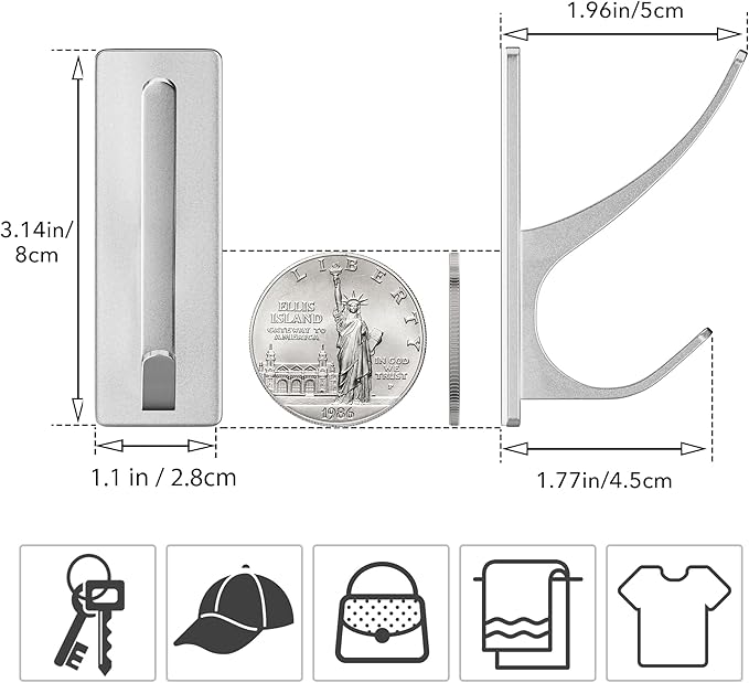 pickpiff Self Adhesive Coat Hooks for Hanging: Heavy Duty Stainless Wall Hook for Towel, Utensil, Backpack, Hat, Sturdy Metal Hanger for Bathroom, Kitchen, Door, 10-Pack, Silver