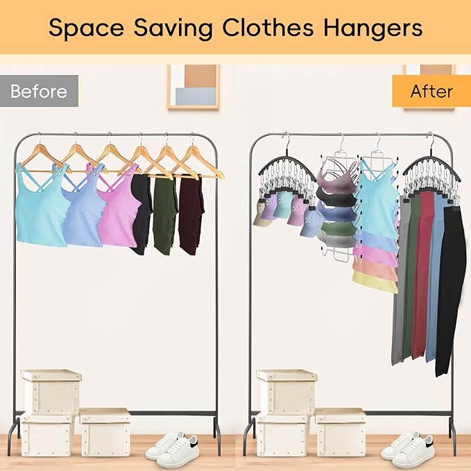 TomCare 4 Pack Space Saving Hangers，2Pack Tank Top Hanger and 2Pack Leggings Organizers for Closet Pants Hangers with 20 Clips Bra Organizers with 16 Hooks Stainless Steel Hanging Closet Organizer
