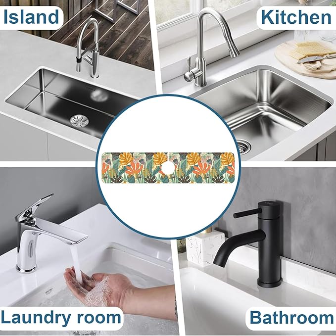 Abstract Leaves Sink Splash Guard Faucet Mat Boho Leaves Super Absorbent Fast Drying Mat Sink Gadgets-Splash Guard Behind Faucet Drip Catcher for Kitchen Bathroom, 23.5"x5.5"