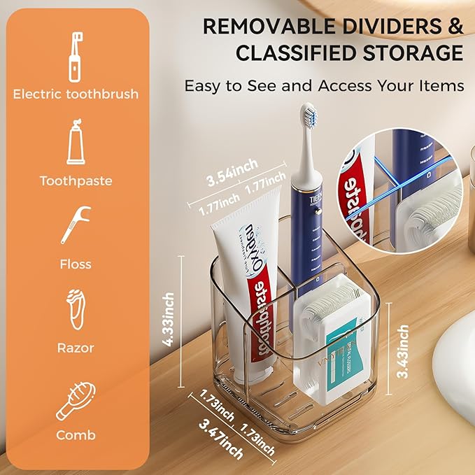 Toothbrush Holders for Bathrooms, 3 Slots Detachable Toothbrush Holder Wall Mounted with Divider, Removable Electric Tooth Brush and Toothpaste Holder Organizer for Bathroom Countertop/Kitchen/Office