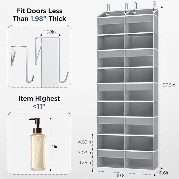 2 Pack 5-Tier Over The Door Organizer with 10 Side Mesh Pockets & Clear Windows, 80 lbs Weight Capacity Hanging Storage for Bathroom, Bedroom, Nursery, Kitchen, Organize Shoes, Diapers(Grey)