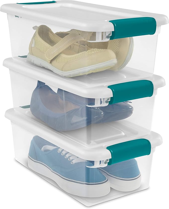Sterilite 6 Qt Latching Storage Box, Stackable Bin with Latch Lid, Plastic Container to Organize Shoes on Closet Shelf, Clear with White Lid, 12-Pack