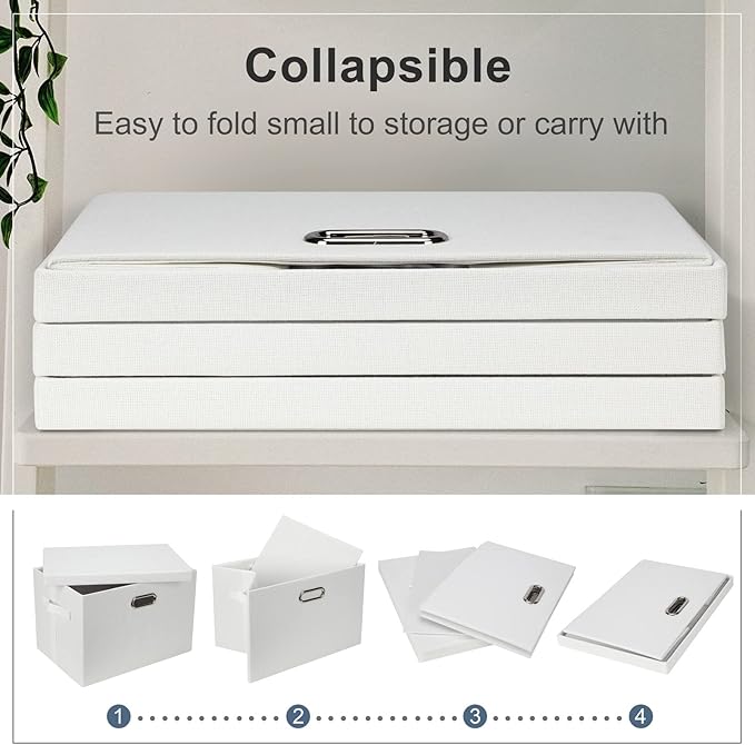 Graciadeco Large 17" 36 Quart Collapsible Stackable Storage Bins with Lids, 3 Packs White Linen Fabric Closet Boxes with Lids, Storage Cube Baskets Container Organizers for Bedroom Office(17 x12 x11)