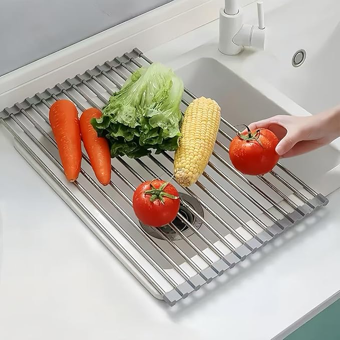 Roll Up Dish Drying Rack, 17.7" x 15.8" Over The Sink Dish Drying Rack, Kitchen Dish Rack Foldable Dish Drainer, Stainless Steel Dish Drying Rack for Kitchen Sink Counter Storage (Grey)