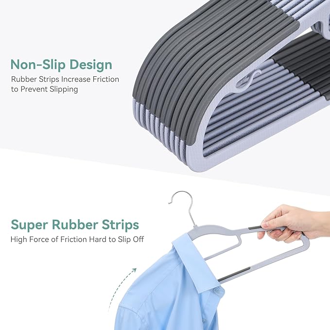 NCXTKJ Heavy Duty Hangers 30 Pack, Plastic Clothes Hangers Non-Slip, 0.2'' Slim, 360° Swivel Hook, 16.5 Inches Wide, Thin Space Saving Hangers for Suit, Shirt & Pants, Light and Dark Gray