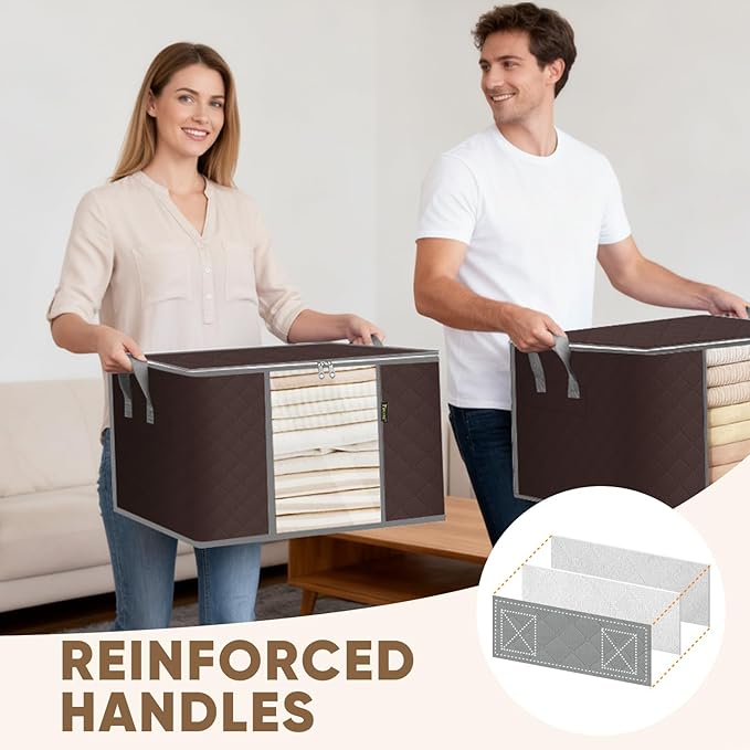 BALEINE 3 Pack Clothes Storage Bags, 24 Gallon Storage Containers with Reinforced Handle, Sturdy Zipper, Closet Organizer for Blanket, Comforter, Pillow, Bedding (Brown, 3 Pack)