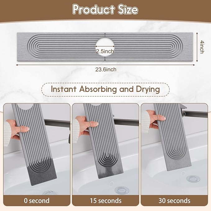 Faucet Mat for Kitchen Sink, Diatomite Quick Drying Tray , Long 23.6'' Kitchen Sink Splash Guard and Bathroom Stone Tray for Counter. Super Absorben.Light Grey.