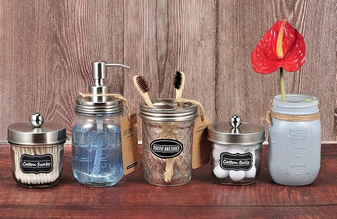 Amolliar Mason Jar Soap Dispensers, Rustproof Stainless Steel Lid &Pump, Refillable Wash Hand Soap for Bathroom,Kitchen-Ideal for Dish Soap,Liquid Soap, Lotions,Waterproof Stickers,16OZ Brushed Nickel