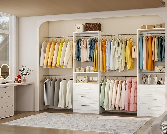 Closet System of 2 Set, 4-18FT Closet Organizer System with 10 Hanging Rods & 6 Wood Drawer & Adjustable Shelves, Walk in Closet Storage System, Free Standing Closet System, White