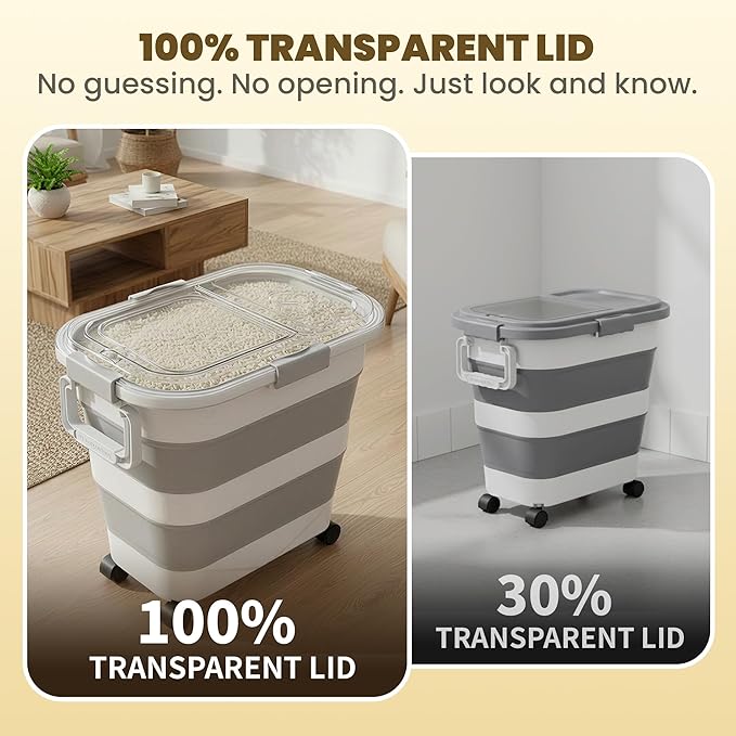 25-35Lbs Rice Container,Collapsible Food Storage Containers with Transparent Airtight Lid,Wheels,Rice Storage Container with Small Bin and Scoop,Rice Dispenser for Flour Sugar Cereal Grain Dog Cat