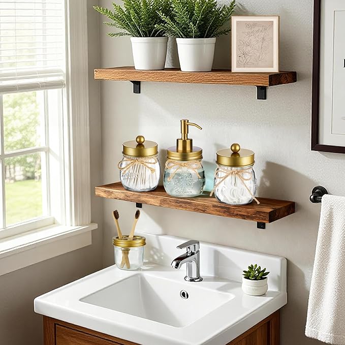Amolliar Mason Jar Bathroom Accessories Set 4 Pcs -Lotion Soap Dispenser & 2 Qtip Holders & Toothbrush Holder - Rustic Farmhouse Decor, Bathroom Home Decor (Gold)