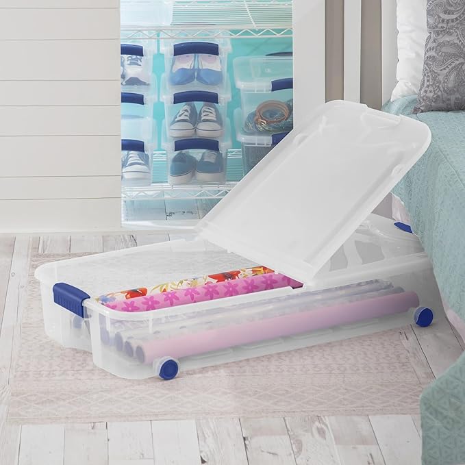 Blue 66-Quart Clear Underbed Storage Bin with Wheels & Latch Lid, Multi-Use Large Under-Bed Organizer