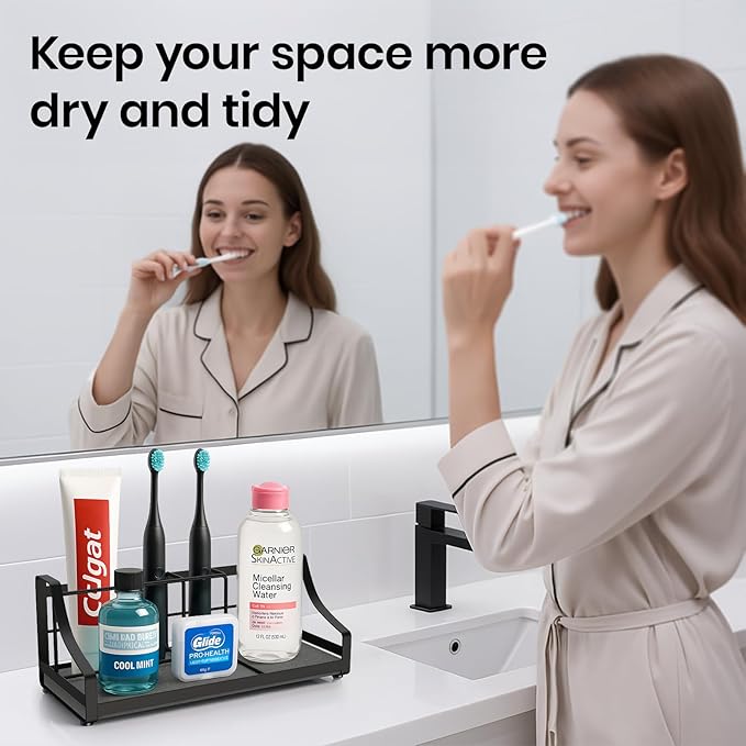 BOTEMY Toothbrush Holder with Instant Drying Stone - Bathroom Counter Organizer, Diatomite Electric Toothbrush Toothpaste Holders, Bathroom Sink Organizers and Storage,Black