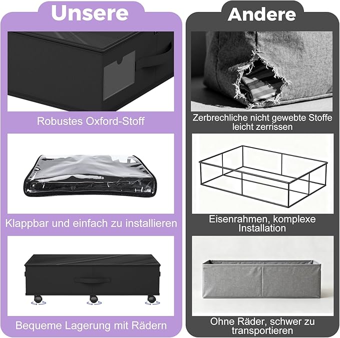 Babenest 2-Pack Under Bed Storage Organizer with Clear Zippered Lid, Foldable Rolling Underbed Drawers on 6 Wheels, Space Saving Clothes, Shoes, Toy Storage for Bedroom, Dorm, Closet