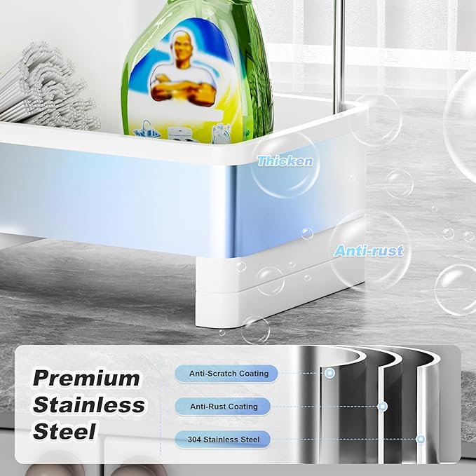 Ewaiira Stainless Steel Sink Caddy, Sponge Holder for Kitchen Sink with Brush Holder & Dishcloth Rack, Rustproof Sink Organizer Countertop, Kitchen Organizers Storage Essentials (E-White)