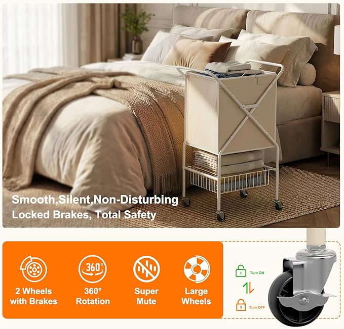 Laundry Basket with Wheels:88L Rolling Laundry Cart Foldable Metal Frame Dirty Clothes Laundry Hamper 36"H 4 Caster 2 Brake Waterproof Removable Liner Carry Handle for Dorm Laundry Room,Cream