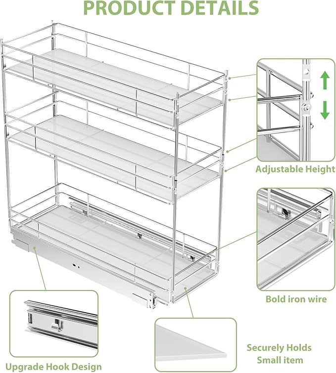 Pull Out Spice Rack Cabinet Organizer (6" W X 20½" D),3 Tier Slide Out Drawer for Narrow Cabinet, Pull Out Shelves Under Cabinet Storage for Kitchen
