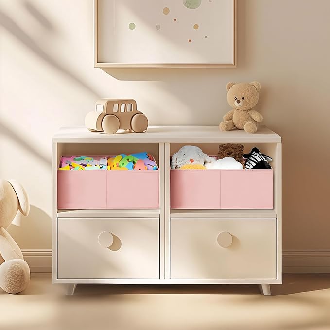 DIMJ Large Closet Shelf Organizer Bins 4 Packs with Handles and Divider, Fabric Trapezoid Storage Baskets, Foldable Clothes Containers Box for Shelf, Towel, Book, Toy, Purse, Hats, Pink
