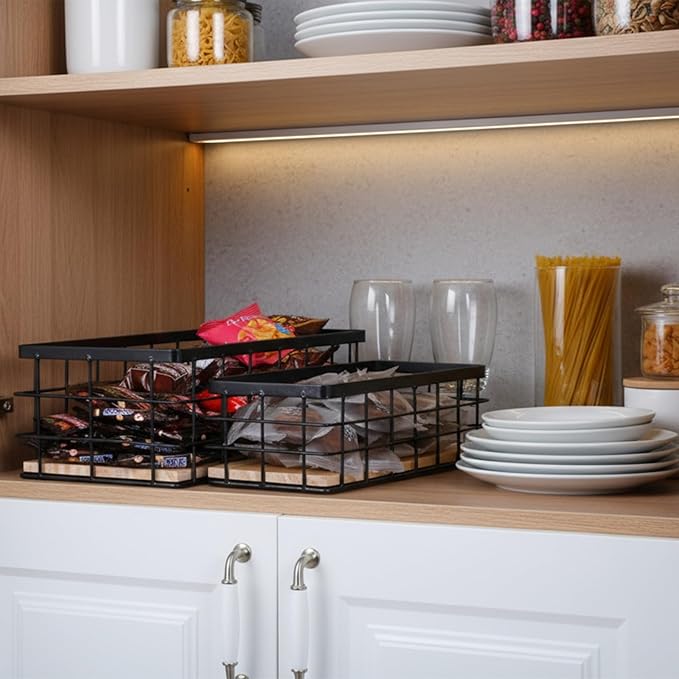 2 Pack Black Metal Wire Storage Baskets with Wood Bottoms, Bathroom Storage Organizer Basket Bins, Includes 2 Bonus Adhesive Hooks for Easy Wall Mounting