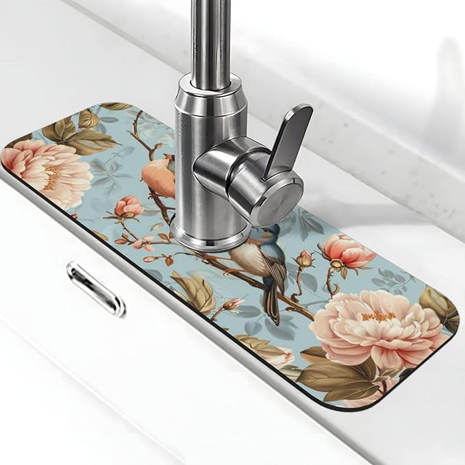 Faucet Draining Mat For Kitchen Sink, Blue Birds Peonies Flowers Diatom Mud Absorbent Drain Pad For Bathroom Kitchen Sink Splash Guard Drying Mat