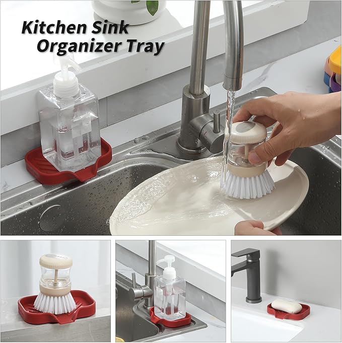 MicoYang Silicone Bathroom Soap Dishes with Drain Spout-Bathroom and Kitchen Sink Organizer,Sponge Holder,Dish Soap Tray,Perfect for Dispenser,Scrubber,Bottle,Cup on Sink or Counter-Red 4.9"×3.2"